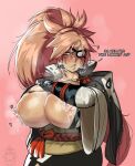  1girl angry areolae armor baiken bangs big_hair black_jacket black_kimono breast_grab breast_milk breasts cowboy_shot english_commentary english_text eyepatch facial_tattoo grabbing greaves guilty_gear guilty_gear_xrd heart high_ponytail highres huge_breasts huge_nipples jacket jacket_on_shoulders japanese_clothes kataginu kimono krekkov lactation large_areolae long_hair looking_at_viewer multicolored_clothes multicolored_kimono nipple_piercing nipple_slip nipples one-eyed open_clothes open_kimono piercing pink_background pink_hair ponytail samurai sash scar scar_across_eye scar_on_face scowl shiny shiny_hair shiny_skin sidelocks solo sound_effects steaming_body tattoo very_long_hair white_kimono wide_sleeves yellow_eyes 