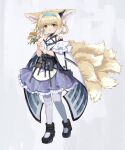  1girl :o absurdres animal_ear_fluff animal_ears apron arknights bangs bare_shoulders black_footwear blue_flower blue_hairband bouquet braid flower fox_ears fox_girl fox_tail frilled_skirt frills full_body hair_rings hairband highres holding holding_bouquet kgt_(pixiv12957613) kitsune light_brown_hair looking_at_viewer multicolored_hair pantyhose parted_lips pleated_skirt purple_skirt red_flower shirt shoes sidelocks skirt solo standing suzuran_(arknights) tail twin_braids two-tone_hair waist_apron white_apron white_hair white_legwear white_shirt 
