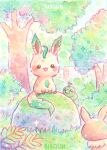  :3 :d artist_name bisquii bush caterpie chibi commentary eevee foliage forest leaf leafeon nature nintendo no_humans open_mouth pachirisu painting_(medium) pokemon pokemon_(creature) rock sitting smile sparkle traditional_media tree watercolor_(medium) 