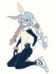  1girl animal_ear_fluff animal_ears bangs black_legwear blue_footwear blue_hair blush_stickers bow braid breasts bunny-shaped_pupils carrot_hair_ornament don-chan_(usada_pekora) eyebrows_visible_through_hair food-themed_hair_ornament full_body hair_between_eyes hair_bow hair_ornament hand_on_hip highres hololive looking_at_viewer medium_breasts meme_attire multicolored_hair nike nipples rabbit_ears red_eyes reverse_bunnysuit reverse_outfit shoes short_eyebrows shrug_(clothing) simple_background symbol-shaped_pupils thick_eyebrows twin_braids twintails two-tone_hair unexistarts usada_pekora v-shaped_eyebrows virtual_youtuber white_background white_bow white_hair 