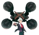  1boy belt belt_buckle black_jacket buckle closed_mouth collared_shirt commentary_request grey_hair jacket jaho jewelry long_sleeves male_focus mega_metagross mega_pokemon metagross necktie open_clothes open_jacket outstretched_arm pants pokemon pokemon_(creature) pokemon_(game) pokemon_oras purple_vest red_necktie ring shirt short_hair smile steven_stone vest white_background white_shirt 