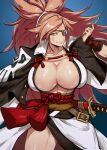  1girl amputee baiken blue_background breasts cleavage collarbone eyepatch facial_mark guilty_gear guilty_gear_strive highres huge_breasts ippo jacket jacket_on_shoulders japanese_clothes katana kimono large_breasts lips long_hair looking_at_viewer pink_hair pipe ponytail red_eyes rope rope_belt sash sheath sheathed skull_print solo sword tied_hair weapon wide_sleeves 