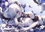  1girl ai_xiao_meng breasts bronya_zaychik check_commentary cleavage commentary_request flower grey_eyes grey_hair highres honkai_(series) honkai_impact_3rd large_breasts looking_at_viewer lying 