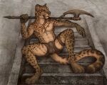 4_toes 5_fingers anthro brown_body brown_fur clothed clothing digitigrade ear_piercing ear_ring feet felid fingers fur leopard looking_at_viewer male mammal pantherine piercing rukis solo spots spotted_body spotted_fur toes 