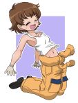  1girl :d bangs black_footwear blue_background breasts brown_eyes brown_hair closed_eyes clothes_around_waist commentary freckles girls_und_panzer gloves jumpsuit kneeling leaning_back mechanic navel open_mouth orange_jumpsuit outline outstretched_arms shirt shoes short_hair small_breasts smile solo spread_arms takahashi_kurage tank_top tsuchiya_(girls_und_panzer) uniform white_gloves white_outline white_shirt 