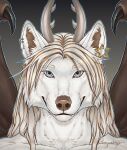  2021 anthro blue_eyes brown_nose canid canine digital_media_(artwork) fur hair headshot_portrait horn hybrid mammal membrane_(anatomy) membranous_wings portrait rogueliger white_body white_fur white_hair wings 