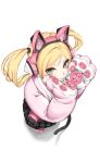  1girl absurdres animal_hands black_legwear blonde_hair cat_ear_headphones frilled_skirt frills from_above gloves green_eyes harebunny headphones highres jacket long_hair looking_at_viewer lucky_chloe miniskirt paw_gloves pink_jacket skirt solo standing tail tekken thighhighs twintails 