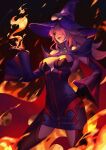  1girl bare_shoulders black_legwear black_sclera blazblue blazblue:_central_fiction breasts cape cleavage colored_sclera detached_sleeves dress fire flame hair_over_one_eye hand_on_hip hat konoe_a._mercury large_breasts long_hair long_sleeves looking_at_viewer magic phamoz pink_hair seductive_smile shaded_face short_dress smile solo thighhighs wide_sleeves witch witch_hat yellow_eyes 