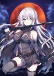  1girl bangs bare_shoulders black_dress black_gloves blue_eyes blush breasts cloud commentary_request dress dual_wielding elbow_gloves eyebrows_visible_through_hair fingerless_gloves full_moon gloves grey_legwear hair_between_eyes hand_up holding holding_sword holding_weapon long_hair looking_at_viewer medium_breasts moon original parted_lips red_moon silver_hair solo sorai_shin&#039;ya standing standing_on_one_leg sword thighhighs very_long_hair weapon 