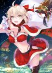  2girls :d ahoge bangs bikini black_hair black_legwear blonde_hair bow breasts brown_eyes capelet commentary eyebrows_visible_through_hair fake_antlers family_crest fate/grand_order fate_(series) fringe_trim fur-trimmed_bikini fur-trimmed_capelet fur-trimmed_gloves fur-trimmed_skirt fur_trim gloves green_headwear hair_between_eyes hair_bow hands_up hat highres holding holding_sack long_hair medium_breasts midriff miniskirt multiple_girls navel night oda_nobunaga_(fate) oda_nobunaga_(koha/ace) oda_uri okita_souji_(fate) okita_souji_(koha/ace) peaked_cap plaid plaid_scarf red_bikini red_bow red_gloves red_nose red_skirt sack santa_bikini santa_costume scarf skirt smile swimsuit thighhighs tomozero very_long_hair 