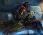  2021 5_fingers anthro breasts clothed clothing cuddling digital_media_(artwork) duo eleacat feet female fingers male non-mammal_breasts reptile scalie smile teeth toes 