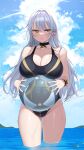  1girl absurdres ass_visible_through_thighs ball bangs bare_arms bare_legs bell black_swimsuit blue_sky bracelet breasts choker cleavage cloud collarbone covered_navel day eyebrows_visible_through_hair highres holding holding_ball horizon jewelry large_breasts long_hair looking_to_the_side myao_(o3o333) neck_bell ocean one-piece_swimsuit original outdoors parted_lips revision silver_hair sky solo swimsuit symbol-only_commentary thigh_gap thighs wading yellow_eyes 