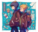  2boys backpack bag black_hair blonde_hair blue_jacket chullo craig_tucker cup disposable_cup food french_fries green_shirt hands_in_pockets hat highres hood ice_cream jacket locked_arms messy_hair multiple_boys nocolour phone shirt short_hair south_park tweek_tweak 