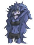  anthro arm_tuft bandeau black_claws black_nose blue_body blue_fur blue_hair bottomwear breasts canid canine cheek_tuft claws clevage clothing eyebrow_through_hair eyebrows eyelashes facial_tuft female fur grey_body grey_fur hair hand_behind_head hand_on_hip hi_res long_hair looking_aside mammal messy_hair midriff multicolored_body multicolored_fur navel neck_tuft portrait raised_arm shorts simple_background solo standing three-quarter_portrait tinygaypirate topwear translucent translucent_hair tuft two_tone_body two_tone_fur white_background 