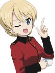  1girl ;d blonde_hair blue_eyes braid commentary cup darjeeling_(girls_und_panzer) epaulettes girls_und_panzer highres holding holding_cup index_finger_raised jacket kanau long_sleeves looking_at_viewer military military_uniform one_eye_closed red_jacket short_hair simple_background smile solo st._gloriana&#039;s_military_uniform teacup tied_hair twin_braids uniform upper_body white_background 