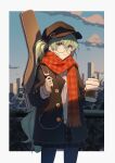  1girl black_coat blue_legwear blue_sky brown_headwear buttons chinese_commentary closed_mouth cloud coat coffee_cup commentary_request cowboy_shot cup disposable_cup earbuds earphones glasses green_eyes green_hair guitar_case hat hatsune_miku highres holding holding_cup hua_ben_wuming instrument_case instrument_on_back light_smile long_hair long_sleeves looking_at_viewer outdoors pantyhose plaid plaid_skirt red_scarf scarf shirt skirt sky skyline solo twintails vocaloid white_shirt 