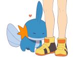  1girl closed_eyes closed_mouth commentary_request cuddling heart jaho knees lower_body may_(pokemon) mudkip multicolored_footwear orange_footwear pokemon pokemon_(creature) pokemon_(game) pokemon_oras shoes standing white_background yellow_footwear 