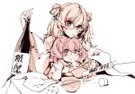  2girls blonde_hair bottle child commentary_request controller double_bun eating endou_okito food glasses highres japanese_clothes kimono multiple_girls noodles original pink_hair ramen remote_control upper_body wide_sleeves yellow_eyes 