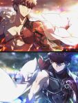  2boys abs archer_(fate) archer_(fate)_(cosplay) armor cape cosplay emiya_shirou emiya_shirou_(prisma_illya) fate/grand_order fate/kaleid_liner_prisma_illya fate/stay_night fate_(series) field_of_blades headband holding igote japanese_armor japanese_clothes kusazuri long_sleeves male_focus multiple_boys multiple_weapons orange_hair planted planted_sword raglan_sleeves red_hair red_headband senji_muramasa_(fate) short_hair single_bare_shoulder sword toned toned_male topless_male tsuezu unlimited_blade_works_(fate) weapon white_cape yellow_eyes 