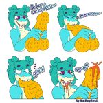  ambiguous_gender anthro batboybasil bite blue_body blue_skin cockwaffle confusion eating fish food freckles green_hair hair hair_bun happy hi_res humor marine meme multicolored_body multicolored_skin open_mouth shark sharp_teeth shocked short_hair solo syrup teeth text tongue tongue_out 