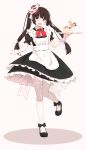  1girl :d apron bangs black_dress black_footwear black_hair bow brown_eyes cake commentary_request dress eyebrows_visible_through_hair food fox_mask frilled_apron frilled_dress frills fruit full_body han_(hehuihuihui) highres holding holding_tray long_hair maid maid_apron mask mask_on_head original puffy_short_sleeves puffy_sleeves red_bow shoes short_sleeves smile solo standing standing_on_one_leg strawberry thighhighs tray twintails very_long_hair white_apron white_legwear 