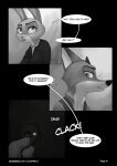  2021 ambiguous_gender anthro biped black_border border buckteeth canid canine clothed clothing comic dialogue disney duo english_text fox foxxj greyscale hi_res holding_object inside judy_hopps key lagomorph leporid male mammal monochrome nick_wilde rabbit sound_effects speech_bubble teeth text zootopia 