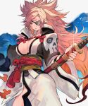  1girl amputee baiken breasts cleavage eyepatch facial_tattoo guilty_gear guilty_gear_xrd highres holding holding_weapon japanese_clothes katana kimono large_breasts long_hair obi one-eyed open_clothes open_kimono oro_(sumakaita) pink_eyes pink_hair ponytail rope rope_belt sash scar scar_across_eye scar_on_face sheath sheathed skull_print solo sparkle sword tattoo weapon wide_sleeves 
