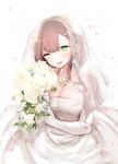  1girl ;d bangs bare_shoulders blush bouquet breasts bridal_veil bride brown_hair cleavage dress elbow_gloves eyebrows_visible_through_hair flower gloves green_eyes heart heart-shaped_pupils highres jewelry long_hair looking_at_viewer medium_breasts necklace ol-chan_(oouso) one_eye_closed oouso open_mouth original petals ponytail revision simple_background smile solo symbol-shaped_pupils tearing_up veil wedding_dress white_background white_gloves 