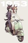  2girls absurdres air_shakur_(umamusume) animal_ears bangs belt black_hair brown_hair clover_hair_ornament cosplay dress ear_ornament eyebrows_visible_through_hair fine_motion_(umamusume) formal green_eyes ground_vehicle hair_between_eyes hair_bun hair_ornament highres horse_ears horse_girl horse_tail joe_bradley joe_bradley_(cosplay) light_brown_hair long_dress long_hair medium_hair messy_hair motor_vehicle multicolored_hair multiple_girls neckerchief necktie orange_eyes pillion princess_ann_(roman_holiday) princess_ann_(roman_holiday)_(cosplay) red_necktie roman_holiday scooter sharp_teeth shoes sidelocks suit sweatdrop tail teeth trait_connection two-tone_hair umamusume vespa waffle_drink white_dress 