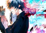  1boy absurdres bangs black_gloves black_reaper black_sclera black_shirt colored_sclera from_side gloves highres kaneki_ken kyuuba_melo long_sleeves mouth_hold multicolored_background multicolored_hair profile red_eyes red_hair shiny shiny_hair shirt short_hair solo tokyo_ghoul tokyo_ghoul:re translation_request 