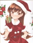  1girl bangs blunt_bangs box brown_eyes brown_hair christmas commentary_request dress fur-trimmed_dress fur-trimmed_gloves fur-trimmed_headwear fur-trimmed_sleeves fur_trim gift gift_box gloves hat highres kantai_collection long_hair looking_at_viewer marker_(medium) ooi_(kancolle) red_dress red_gloves red_headwear santa_costume santa_dress santa_hat smile solo traditional_media yuuki_chima 
