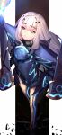  1girl armor armored_dress bangs blue_armor blue_dress blue_legwear breastplate breasts brown_eyes dress fairy_knight_lancelot_(fate) fate/grand_order fate_(series) faulds highres long_hair looking_at_viewer ninoude_(ninoude44) pauldrons short_dress shoulder_armor sidelocks small_breasts solo thighs weapon white_hair 