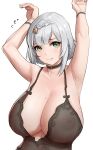  1girl absurdres alternate_breast_size armpits arms_up babydoll bangs black_babydoll black_choker blush braid breasts choker closed_mouth collarbone commentary covered_nipples flying_sweatdrops genshin_impact green_eyes highres huge_breasts lingerie mole mole_on_breast noelle_(genshin_impact) see-through shikube short_hair silver_hair simple_background solo underwear upper_body white_background 