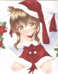  1girl bangs bell brown_hair choker christmas commentary_request dress elbow_gloves folded_ponytail fur-trimmed_dress fur-trimmed_gloves fur-trimmed_headwear fur_trim gloves hand_on_headwear hat highres inazuma_(kancolle) kantai_collection long_hair looking_at_viewer marker_(medium) red_choker red_dress red_gloves red_headwear sack santa_costume santa_dress santa_hat smile solo strapless strapless_dress traditional_media yuuki_chima 