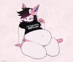  2020 accessory anthro anthrofied belly big_belly black_clothing black_shirt black_topwear blue_eyes clothing collar eeveelution emo eyelashes female fur hair_accessory hair_bow hair_ribbon my_chemical_romance navel nintendo nom-sympony overweight overweight_anthro overweight_female pink_body pink_fur pok&eacute;mon pok&eacute;mon_(species) pok&eacute;morph ribbons rumbling_stomach shirt simple_background solo spiked_collar spikes sylveon text text_on_clothing topwear video_games white_body white_fur 