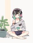 1girl bangs black_hair black_shorts blue_hair blush closed_mouth commentary_request demon_girl demon_horns fang flat_chest full_body grey_sweater grey_tank_top headphones highres horns indian_style looking_at_viewer medium_hair multicolored_hair off_shoulder plant pointy_ears potted_plant red_eyes shishio_chris shorts sitting skin_fang smile solo strap_slip sugar_lyric sweater tank_top tomatojam two-tone_hair virtual_youtuber 