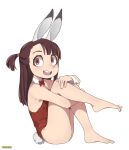  1girl animal_ears bangs bare_shoulders barefoot bow bowtie brown_hair detached_collar detached_sleeves from_side full_body hand_on_own_leg highres kagari_atsuko legs_together little_witch_academia long_hair looking_at_viewer on_floor once_11h open_mouth playboy_bunny rabbit_ears red_bow red_eyes red_suit simple_background sitting smile solo teeth tied_hair upper_teeth white_background 