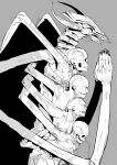  chainsaw_man darkness_devil extra_arms grey_background greyscale highres horns long_arms looking_to_the_side monochrome monster multiple_heads no_eyes oosawara_sadao own_hands_clasped own_hands_together simple_background skeleton skull stitched_mouth stitches white_horns 