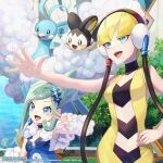  2girls 2others :d altaria aqua_hair arm_warmers armpits bangs bare_shoulders blonde_hair blue_choker blue_eyes blunt_bangs breasts center_opening choker collarbone commentary_request dress earrings elesa_(pokemon) emolga eyebrows_visible_through_hair fur_trim green_eyes green_hair groin hair_ornament hand_on_hip headphones highres idol jewelry lisia_(pokemon) long_hair looking_to_the_side medium_breasts multiple_girls multiple_others official_art one_side_up open_mouth outstretched_arm pokemon pokemon_(creature) pokemon_(game) pokemon_bw pokemon_masters_ex pokemon_oras short_hair sidelocks sleeveless sleeveless_dress small_breasts smile standing swept_bangs upper_body v_over_eye watermark yamanashi_taiki yellow_dress 