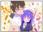  1boy 1girl :3 acchi_kocchi ahoge blue_eyes blue_hair cat glasses ishiki_(okota) long_hair miniwa_tsumiki otonashi_io school_uniform semi-rimless_eyewear short_hair smile solo upper_body very_long_hair 