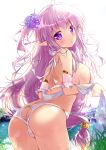  1girl :o ass bikini blurry blurry_background blush breasts breasts_outside elf flower frilled_bikini frills grass hair_flower hair_ornament highres lake large_breasts long_hair looking_at_viewer looking_away looking_back magenta_eyes mikeou open_mouth original pink_eyes pink_hair pointy_ears purple_flower ribbon shiny sunlight sweat sweatdrop swimsuit very_long_hair water water_drop white_background 