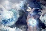  1boy bare_pectorals blue_eyes blue_hair blue_theme body_markings breath coat cold collarbone cryokinesis dark_blue_hair flaming_eye floating floating_object fur-trimmed_hood fur_trim glint hair_between_eyes hood hood_down ice kemono_jihen male_focus medium_hair nyazuta open_clothes open_coat open_hand open_mouth pectorals solo sparkle teeth 