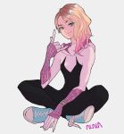  1girl blonde_hair blue_eyes blue_footwear bodysuit closed_mouth converse eyebrow_piercing full_body gwen_stacy highres hood hood_down hooded_bodysuit indian_style looking_at_viewer marvel piercing shoes sitting smile sneakers solo spider-gwen spider-man:_across_the_spider-verse_(part_one) spider-man:_into_the_spider-verse spider-man_(series) spider_web_print superhero sushi_pizza_rrr 