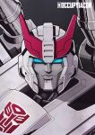  1boy autobot english_commentary glowing glowing_eyes grey_background highres jim_stafford looking_at_viewer mecha no_humans portrait prowl science_fiction solo transformers twitter_username v-fin 