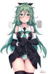  1girl absurdres aqua_eyes artist_name baileys_(tranquillity650) black_gloves black_legwear black_serafuku black_skirt blush braid clothes_lift collarbone cowboy_shot elbow_gloves gloves green_hair green_neckerchief hair_between_eyes hair_flaps hair_ribbon highres kantai_collection lifted_by_self long_hair looking_at_viewer neckerchief open_mouth panties pleated_skirt ponytail remodel_(kantai_collection) ribbon school_uniform serafuku signature simple_background skirt skirt_lift solo striped striped_panties thighhighs thought_bubble twin_braids twitter_username underwear white_background yamakaze_(kancolle) yamakaze_kai_ni_(kancolle) 