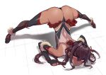  1girl ass bangs bare_shoulders blush boots breasts breath brown_hair commentary_request dark-skinned_female dark_skin elbow_gloves flexible full_body gloves hair_ribbon hands_on_ground heavy_breathing highres jack-o&#039;_challenge leotard long_hair looking_at_viewer mizuki_yukikaze oosawara_sadao purple_hair red_eyes ribbon simple_background solo taimanin_(series) taimanin_yukikaze tan tanlines thighhighs thong top-down_bottom-up two_side_up wide_spread_legs 