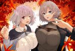  2girls :d ;d autumn_leaves azur_lane bangs black_jacket blue_eyes blue_jacket bodystocking breast_press breasts center_frills cleavage cleavage_cutout clothing_cutout collared_shirt commentary_request eyebrows_behind_hair frills grey_hair grey_sweater gridman_universe hair_between_eyes hand_up highres jacket large_breasts leaf leather leather_jacket long_sleeves looking_at_viewer lower_teeth mujina mujina_(golden_promenade) multiple_girls neck_ribbon official_alternate_costume one_eye_closed open_clothes open_jacket open_mouth pink_hair red_eyes reibun_(raven1119) ribbed_sweater ribbon shinjou_akane shinjou_akane_(a_vacation_just_for_two) shirt short_hair sideboob sidelocks smile ssss.dynazenon ssss.gridman standing sweater teeth upper_body white_shirt 
