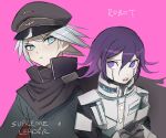  2boys android artist_name bangs black_cape black_headwear black_jacket blue_eyes cape commentary cosplay costume_switch danganronpa_(series) danganronpa_v3:_killing_harmony hair_between_eyes hat jacket keebo looking_at_another male_focus military multiple_boys open_mouth ouma_kokichi peaked_cap pink_background purple_eyes purple_hair qosic short_hair simple_background sketch upper_body 