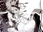  2girls alternate_costume antennae arrow_(projectile) bandages blood bow_(weapon) branch butterfly_wings caterpillar_girl eternity_larva extra_arms extra_eyes eyeshadow fang fingernails garland_(decoration) greyscale hat japanese_clothes kariginu katana leaf leaf_on_head long_hair makeup mask matara_okina monochrome multiple_girls ryuuichi_(f_dragon) seigaiha sharp_fingernails short_hair sword torn_clothes touhou veil weapon wings 