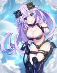  1girl adult_neptune bare_shoulders black_gloves blush breasts cleavage closed_mouth eyebrows_visible_through_hair fingerless_gloves giga-tera gloves highres large_breasts long_hair looking_at_viewer navel neptune_(series) purple_eyes purple_hair smile solo thigh_strap wings 